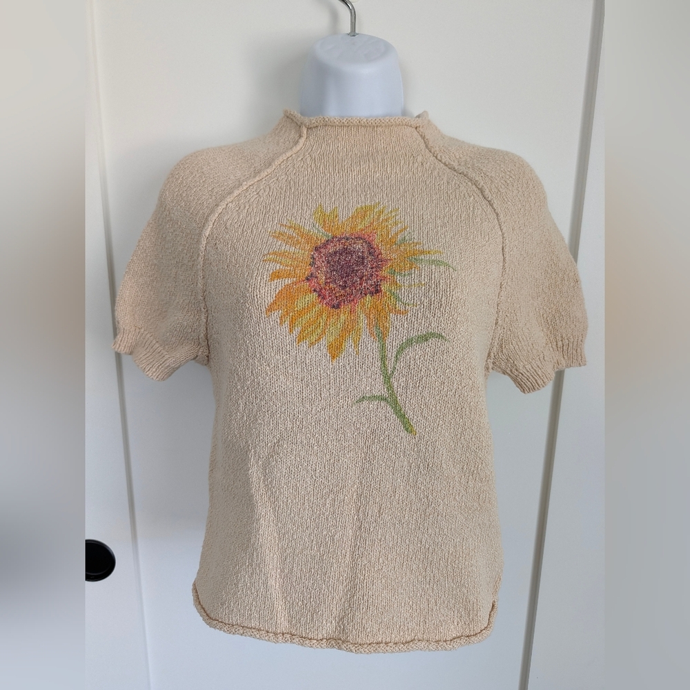 Pilcro Cream Short-Sleeve Knit Top with Sunflower Graphic
